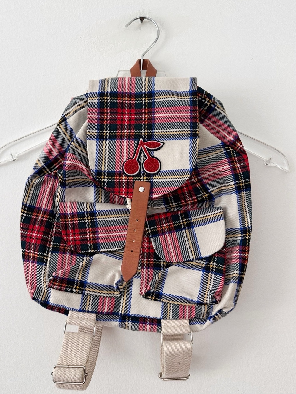 Bonpoint Girls Plaid Mini Backpack Cream Red Tartan Cherry Applique Vintage Rare
